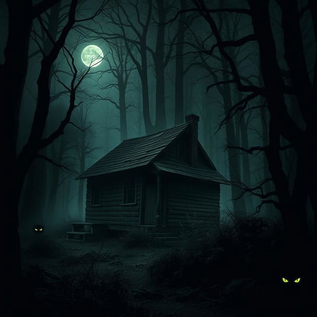 A dark, eerie cabin nestled deep in an ominous forest, surrounded by towering, gnarled trees and tangled underbrush