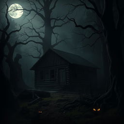 A dark, eerie cabin nestled deep in an ominous forest, surrounded by towering, gnarled trees and tangled underbrush