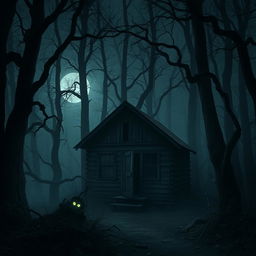 A dark, eerie cabin nestled deep in an ominous forest, surrounded by towering, gnarled trees and tangled underbrush