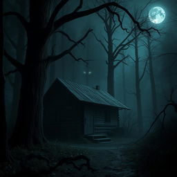A dark, eerie cabin nestled deep in an ominous forest, surrounded by towering, gnarled trees and tangled underbrush