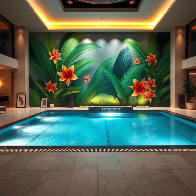 An elegant indoor pool area featuring a beautifully decorated wall