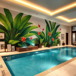 An elegant indoor pool area featuring a beautifully decorated wall