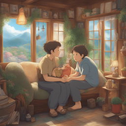 A high-definition digital art image in the style of Studio Ghibli, featuring a close-up view of two new Ghibli characters in a cozy indoor setting