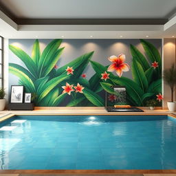 An elegant indoor pool area featuring a beautifully decorated wall