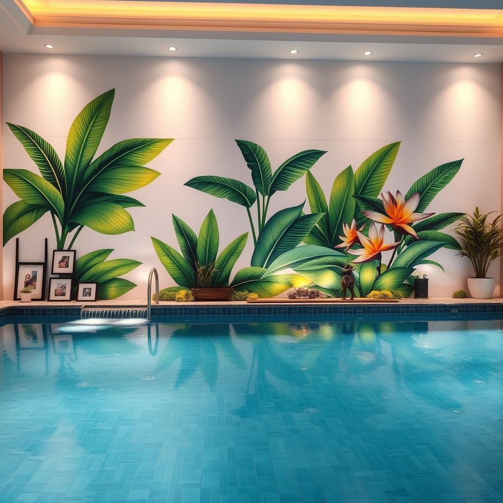 An elegant indoor pool area featuring a beautifully decorated wall