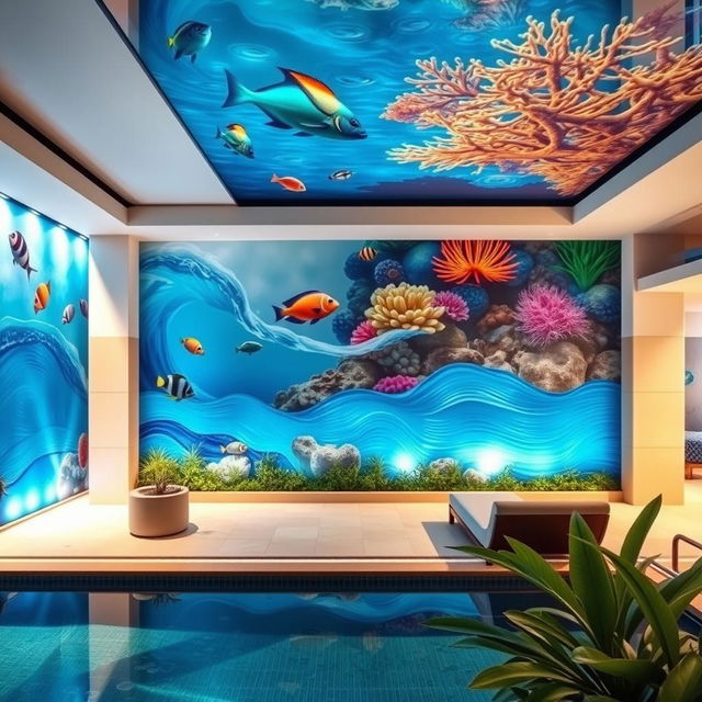 A beautifully designed interior swimming pool wall decoration, featuring vibrant aquatic-themed murals of tropical fish, flowing waves, and coral reefs