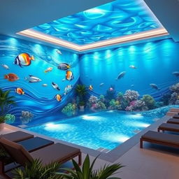 A beautifully designed interior swimming pool wall decoration, featuring vibrant aquatic-themed murals of tropical fish, flowing waves, and coral reefs