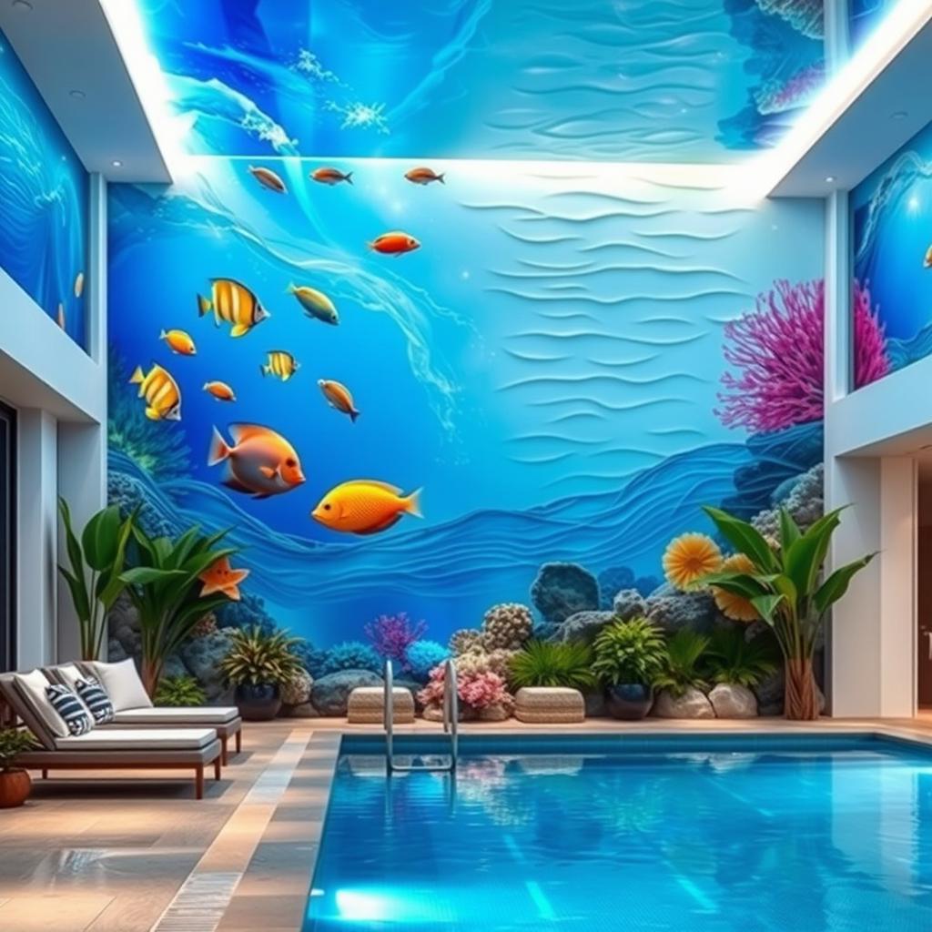 A beautifully designed interior swimming pool wall decoration, featuring vibrant aquatic-themed murals of tropical fish, flowing waves, and coral reefs