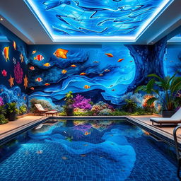 A beautifully designed interior swimming pool wall decoration, featuring vibrant aquatic-themed murals of tropical fish, flowing waves, and coral reefs