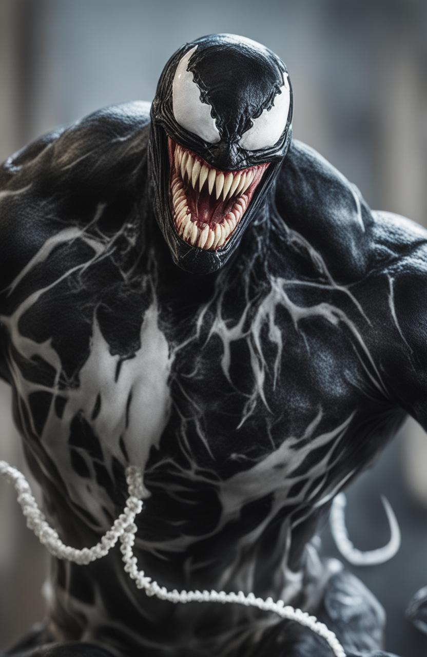 A high-definition digital photograph, taken with a 200mm lens, capturing a close-up view of the iconic character Venom from the Marvel Legends universe