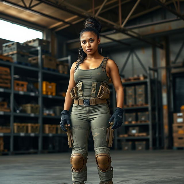 A strong military woman standing confidently in an industrial warehouse