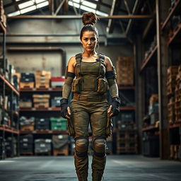 A strong military woman standing confidently in an industrial warehouse
