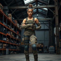 A strong military woman standing confidently in an industrial warehouse