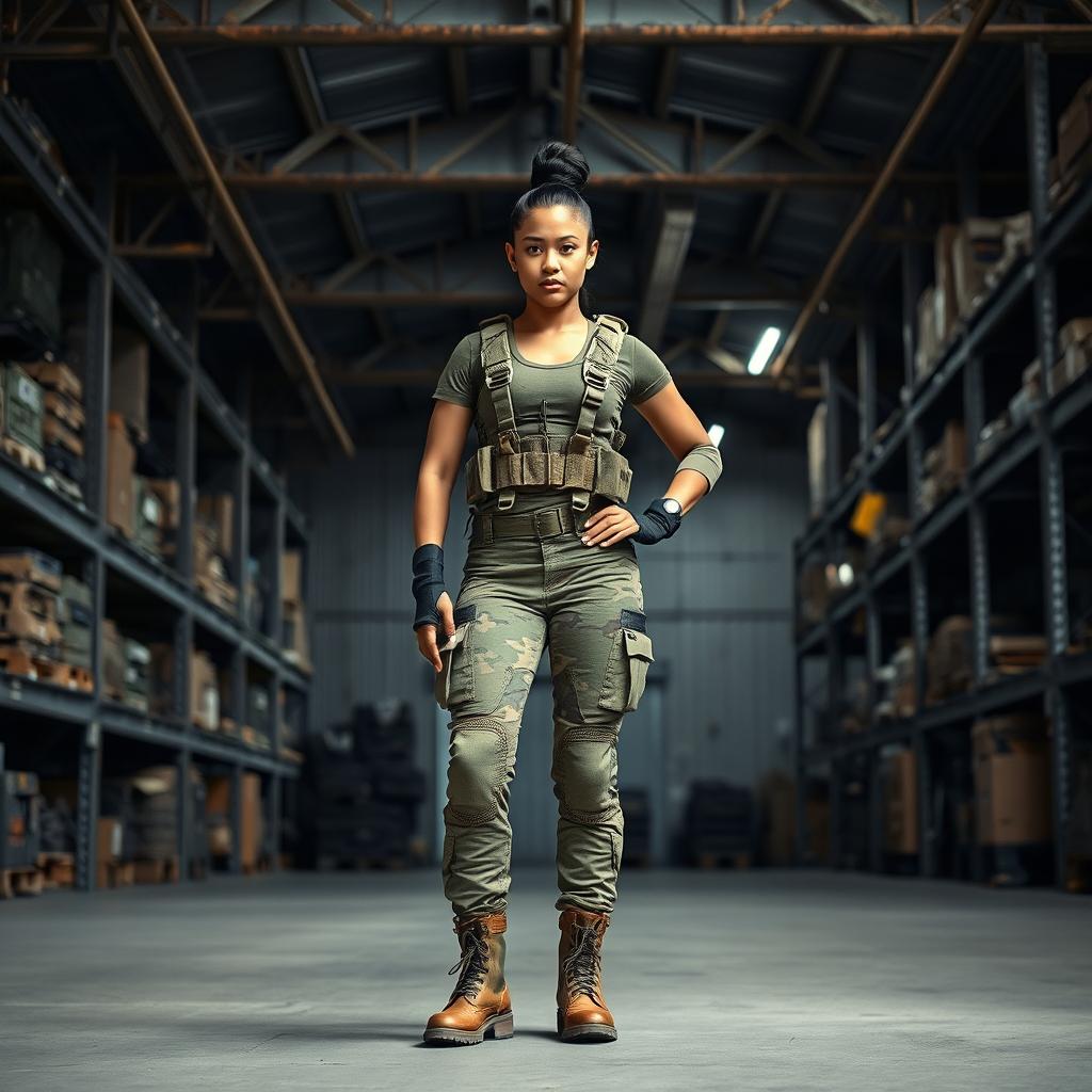 A strong military woman standing confidently in an industrial warehouse