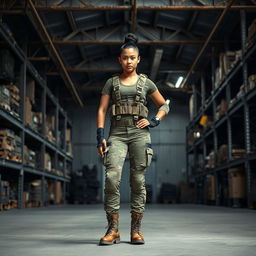 A strong military woman standing confidently in an industrial warehouse
