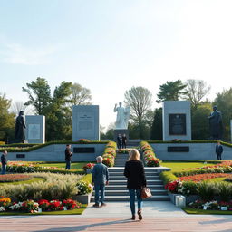 A contemporary view of modern-day Romanov memorials, showcasing an elegant and serene tribute in a beautifully landscaped park