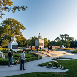 A contemporary view of modern-day Romanov memorials, showcasing an elegant and serene tribute in a beautifully landscaped park