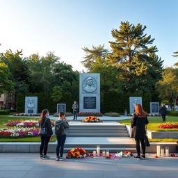 A contemporary view of modern-day Romanov memorials, showcasing an elegant and serene tribute in a beautifully landscaped park