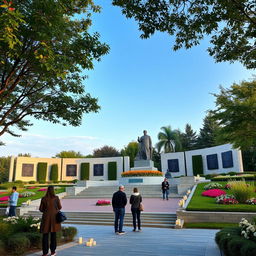 A contemporary view of modern-day Romanov memorials, showcasing an elegant and serene tribute in a beautifully landscaped park