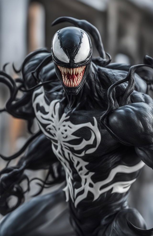 A high-definition digital photograph, taken with a 200mm lens, capturing a close-up view of the iconic character Venom from the Marvel Legends universe