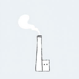 A handmade, minimalist illustration of an industrial chimney with smoke billowing from the top, characterized by a simple, colorless design