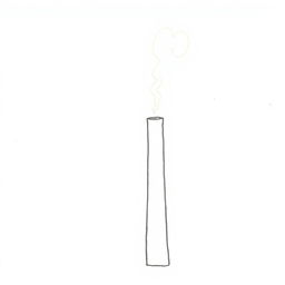 A handmade, minimalist illustration of an industrial chimney with smoke billowing from the top, characterized by a simple, colorless design