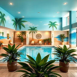 A beautifully decorated interior wall of a swimming pool area, featuring vibrant tropical-themed decorations