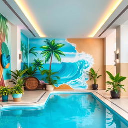 A beautifully decorated interior wall of a swimming pool area, featuring vibrant tropical-themed decorations