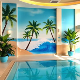 A beautifully decorated interior wall of a swimming pool area, featuring vibrant tropical-themed decorations