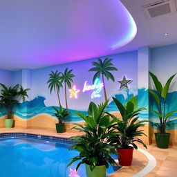 A beautifully decorated interior wall of a swimming pool area, featuring vibrant tropical-themed decorations