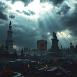 A dramatic depiction of Romanov memorials set against a backdrop of an overcast sky and an impending storm