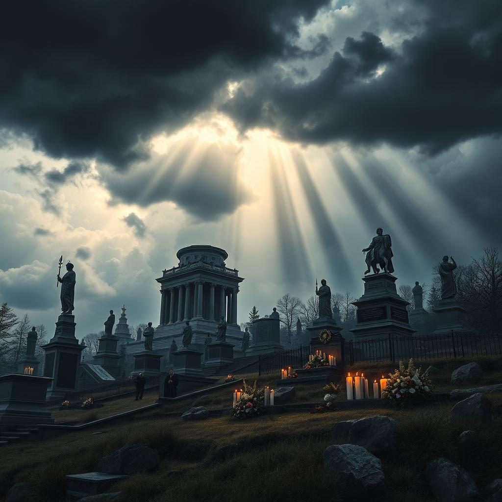 A dramatic depiction of Romanov memorials set against a backdrop of an overcast sky and an impending storm