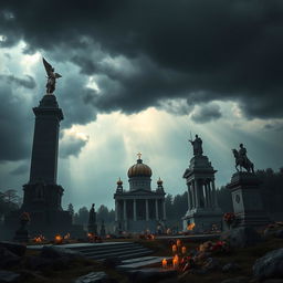 A dramatic depiction of Romanov memorials set against a backdrop of an overcast sky and an impending storm