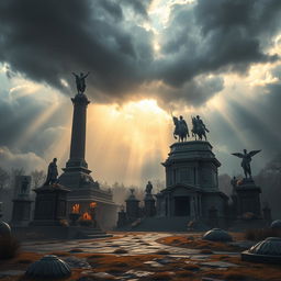 A dramatic depiction of Romanov memorials set against a backdrop of an overcast sky and an impending storm