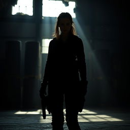 A shadowy military-type woman standing in a dimly lit warehouse, her silhouette outlined against the faint light filtering through broken windows
