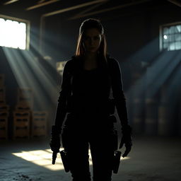 A shadowy military-type woman standing in a dimly lit warehouse, her silhouette outlined against the faint light filtering through broken windows