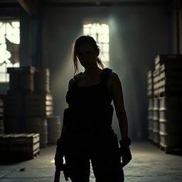 A shadowy military-type woman standing in a dimly lit warehouse, her silhouette outlined against the faint light filtering through broken windows