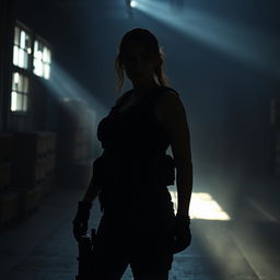 A shadowy military-type woman standing in a dimly lit warehouse, her silhouette outlined against the faint light filtering through broken windows