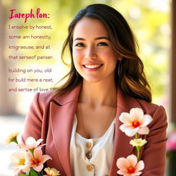 A radiant portrait of a 37-year-old woman named Sophia, who embodies honesty, kindness, and a great sense of humor