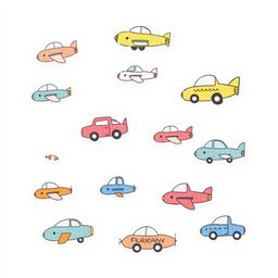 A handmade, minimalist illustration featuring a collection of different flying cars and airplanes, designed in a whimsical, child-friendly style