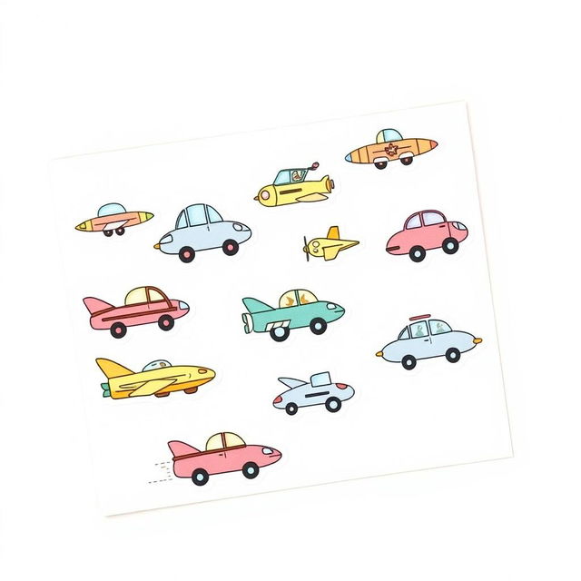 A handmade, minimalist illustration featuring a collection of different flying cars and airplanes, designed in a whimsical, child-friendly style