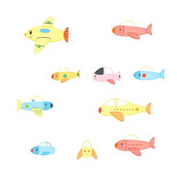 A handmade, minimalist illustration featuring a collection of different flying cars and airplanes, designed in a whimsical, child-friendly style