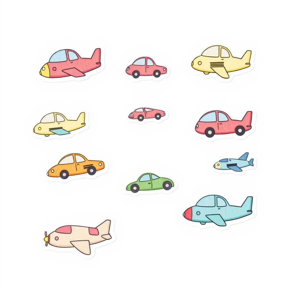 A handmade, minimalist illustration featuring a collection of different flying cars and airplanes, designed in a whimsical, child-friendly style