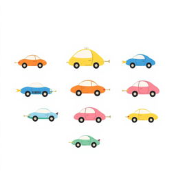 A handmade, minimalist illustration featuring an array of unique flying cars, designed in a whimsical and playful style