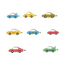A handmade, minimalist illustration featuring an array of unique flying cars, designed in a whimsical and playful style