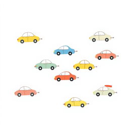 A handmade, minimalist illustration featuring an array of unique flying cars, designed in a whimsical and playful style