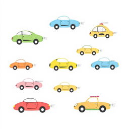 A handmade, minimalist illustration featuring an array of unique flying cars, designed in a whimsical and playful style