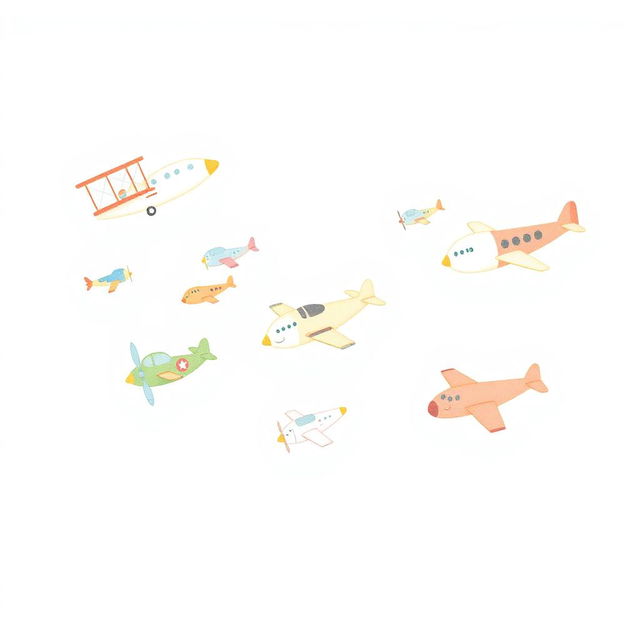 A handmade, minimalist illustration featuring a variety of whimsical flying airplanes, each uniquely designed