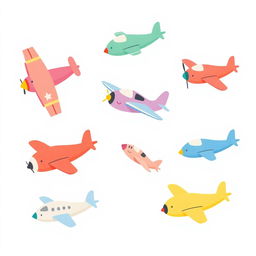 A handmade, minimalist illustration featuring a variety of whimsical flying airplanes, each uniquely designed