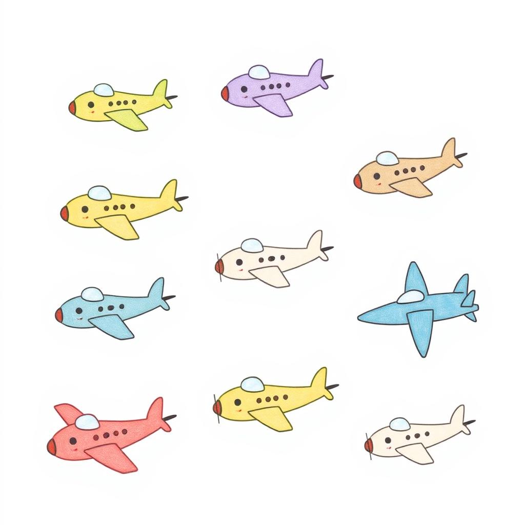 A handmade, minimalist illustration featuring a variety of whimsical flying airplanes, each uniquely designed